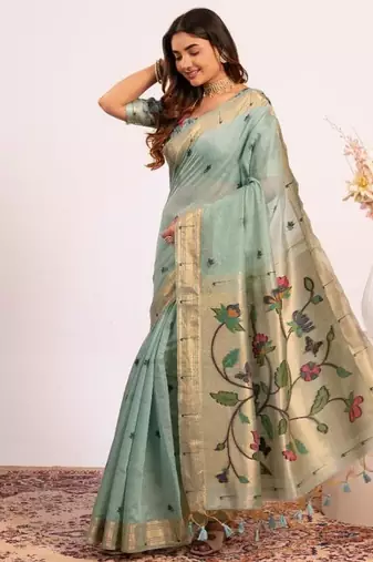 sky blue muga cotton saree with paithani weaving work