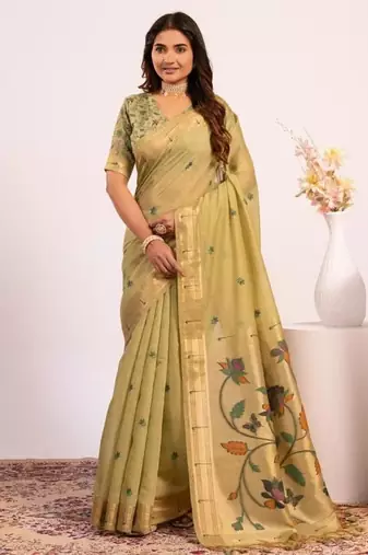 Pista color muga cotton paithani resham weaving sarees