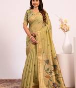 pista green muga cotton saree with paithani pallu design