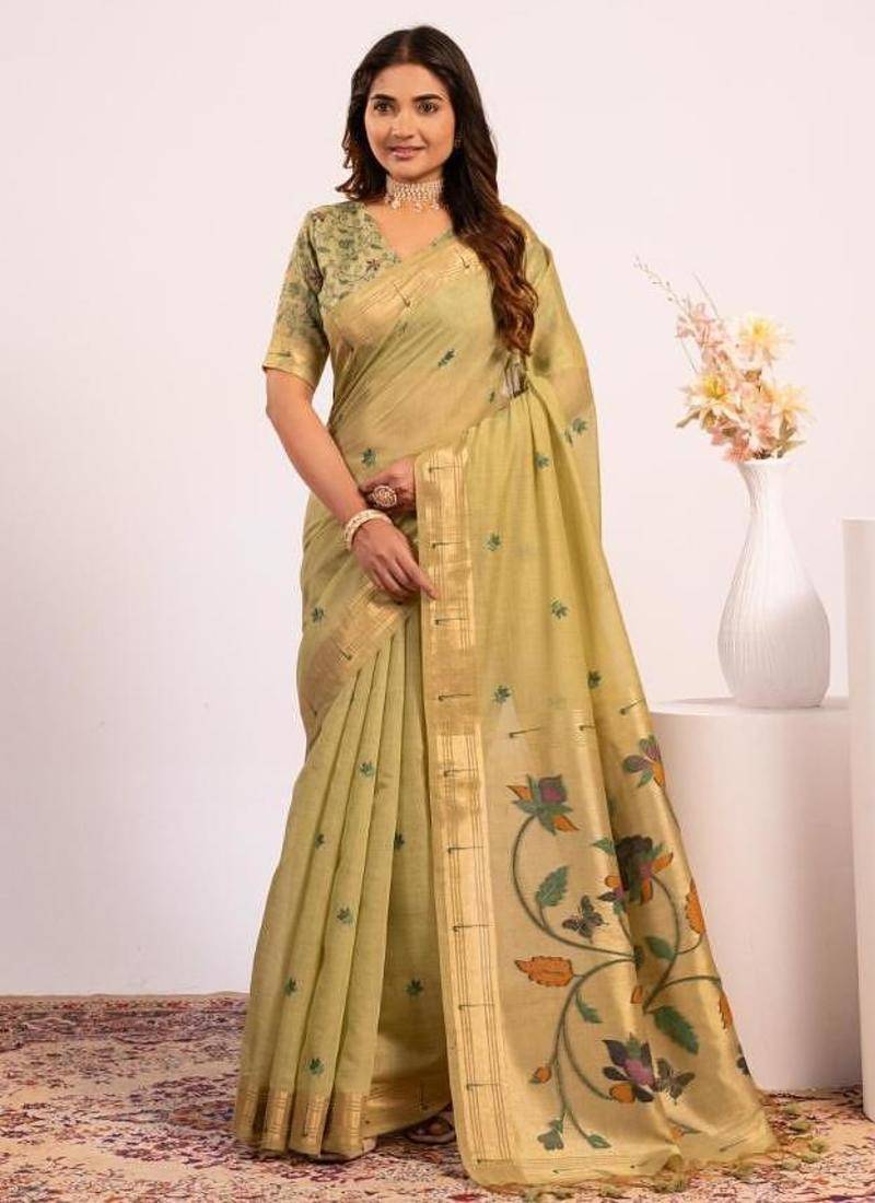 Pista color muga cotton paithani resham weaving sarees