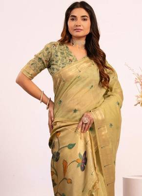 pista green muga cotton saree with paithani pallu design 3
