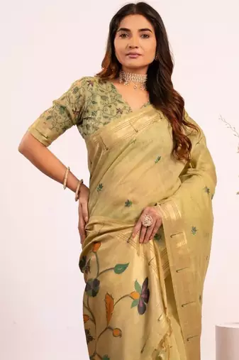 pista green muga cotton saree with paithani pallu design