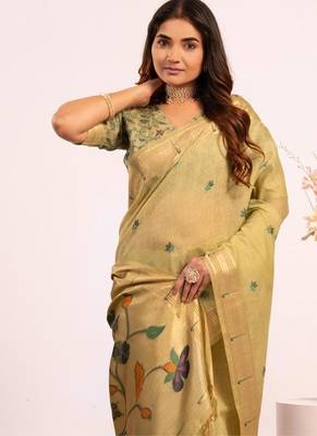 pista green muga cotton saree with paithani pallu design 5