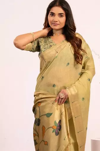pista green muga cotton saree with paithani pallu design