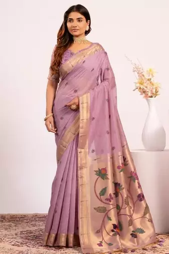 Purple color muga cotton paithani resham weaving sarees