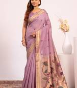 Purple color muga cotton paithani resham weaving sarees