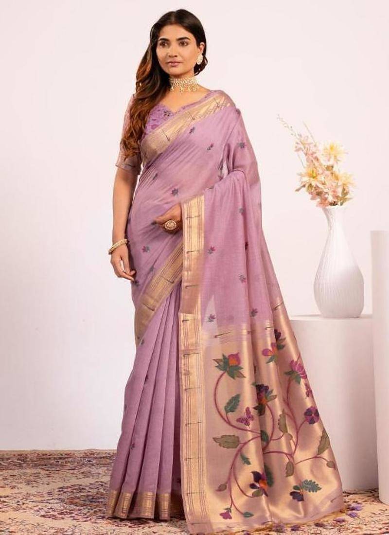 Purple color muga cotton paithani resham weaving sarees