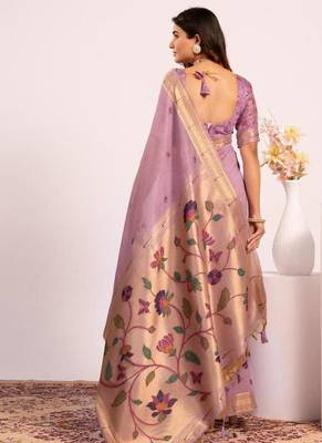 purple muga cotton saree with paithani resham weaving 2