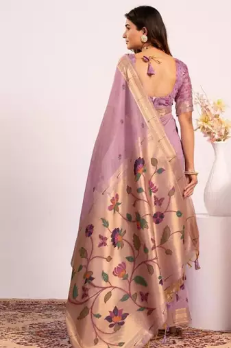 purple muga cotton saree with paithani resham weaving