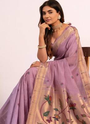purple muga cotton saree with paithani resham weaving 3