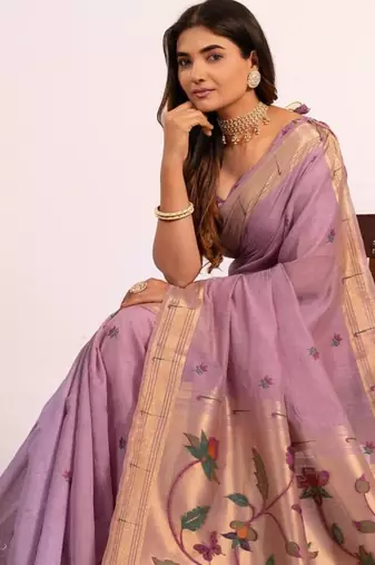 purple muga cotton saree with paithani resham weaving