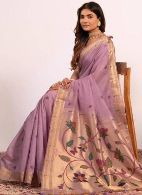 purple muga cotton saree with paithani resham weaving 4