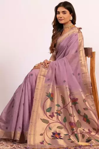 purple muga cotton saree with paithani resham weaving