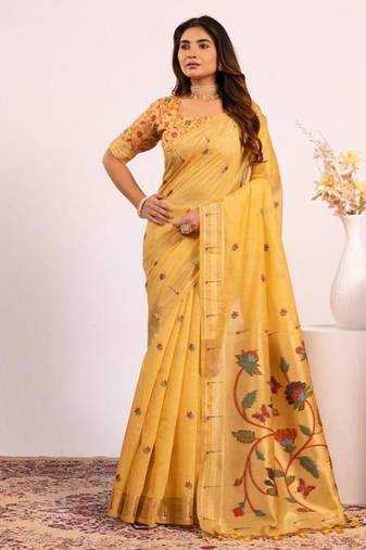 Yellow color muga cotton paithani resham weaving sarees