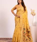 Yellow color muga cotton paithani resham weaving sarees