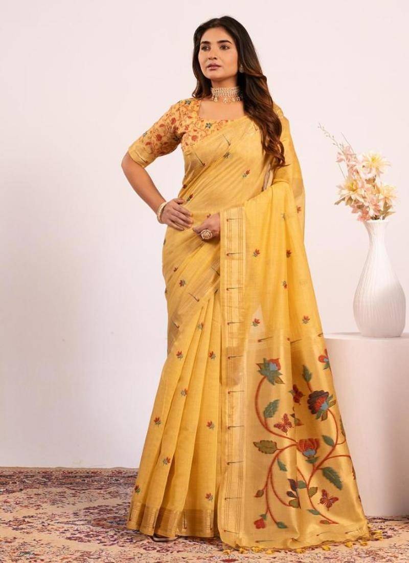 Yellow color muga cotton paithani resham weaving sarees
