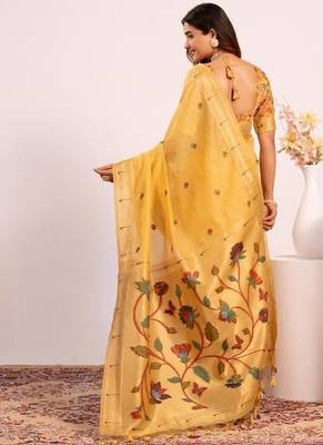 yellow muga cotton saree with paithani butti weaving 2