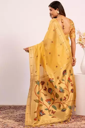 yellow muga cotton saree with paithani butti weaving
