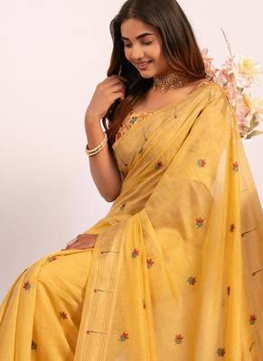 yellow muga cotton saree with paithani butti weaving 3