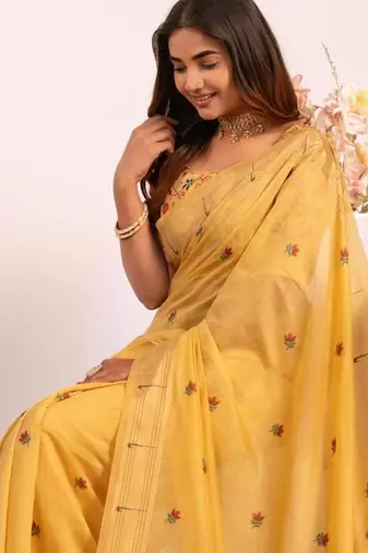 yellow muga cotton saree with paithani butti weaving