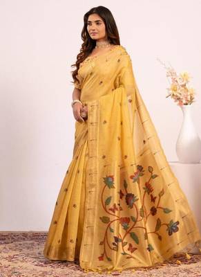 yellow muga cotton saree with paithani butti weaving 4