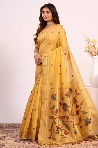 yellow muga cotton saree with paithani butti weaving