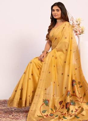 yellow muga cotton saree with paithani butti weaving 5