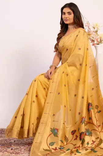 yellow muga cotton saree with paithani butti weaving