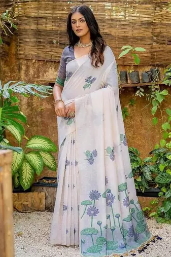 white-navy blue muga silk blend flower weaving sarees
