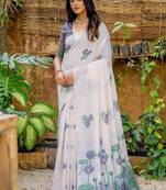 white-navy blue muga silk blend flower weaving sarees