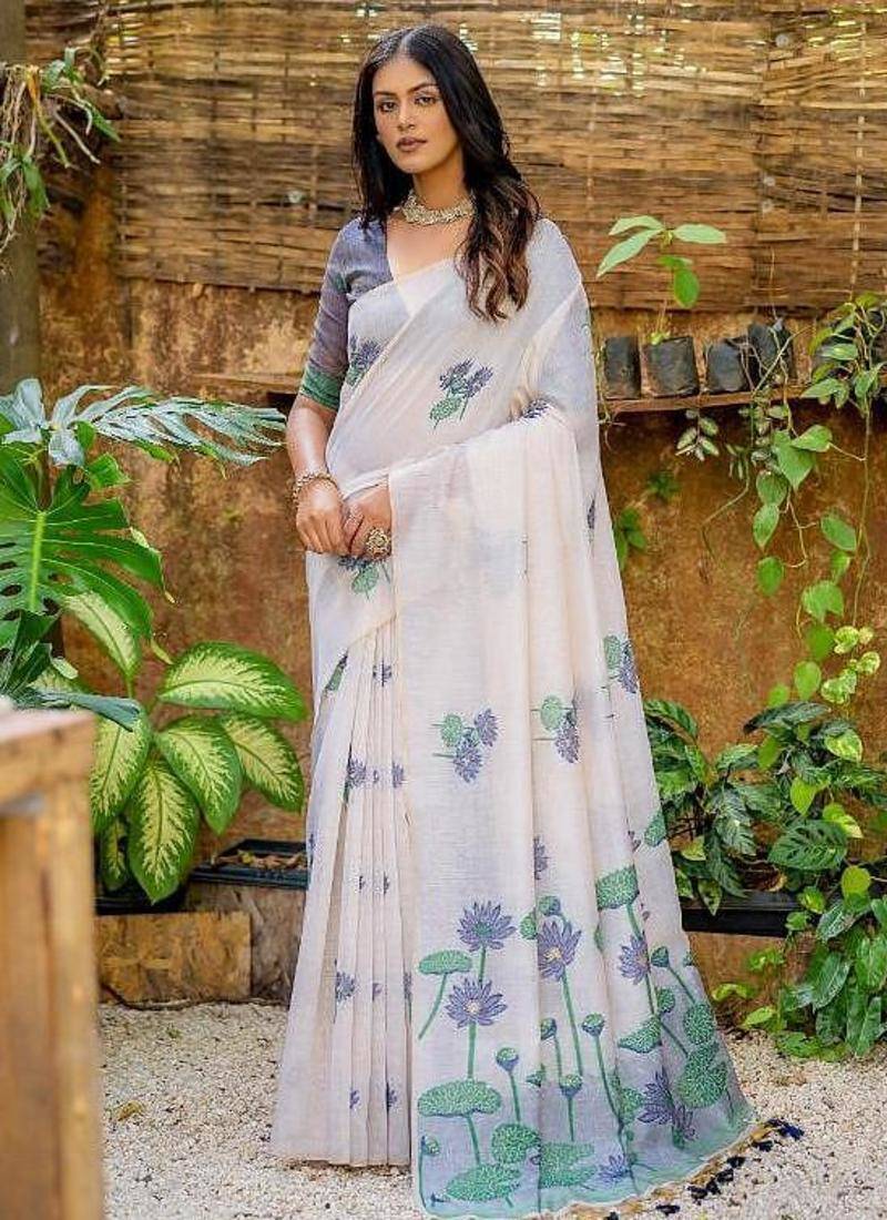 white-navy blue muga silk blend flower weaving sarees