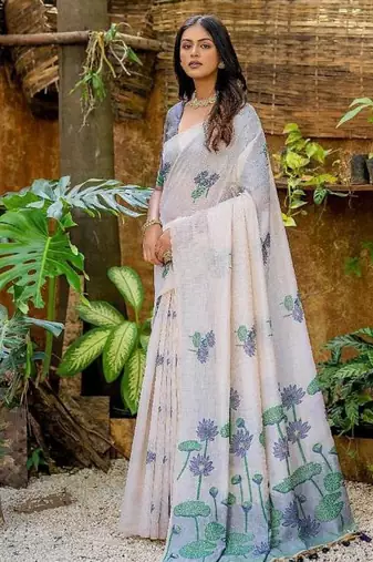 white navy blue muga silk saree with floral weaving work