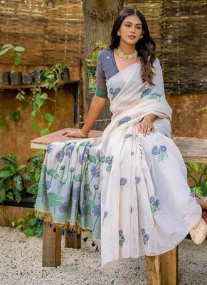 white navy blue muga silk saree with floral weaving work 3