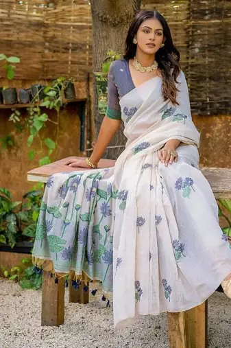 white navy blue muga silk saree with floral weaving work