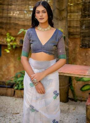 white navy blue muga silk saree with floral weaving work 4