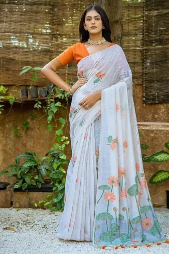 white-orange muga silk blend flower weaving sarees