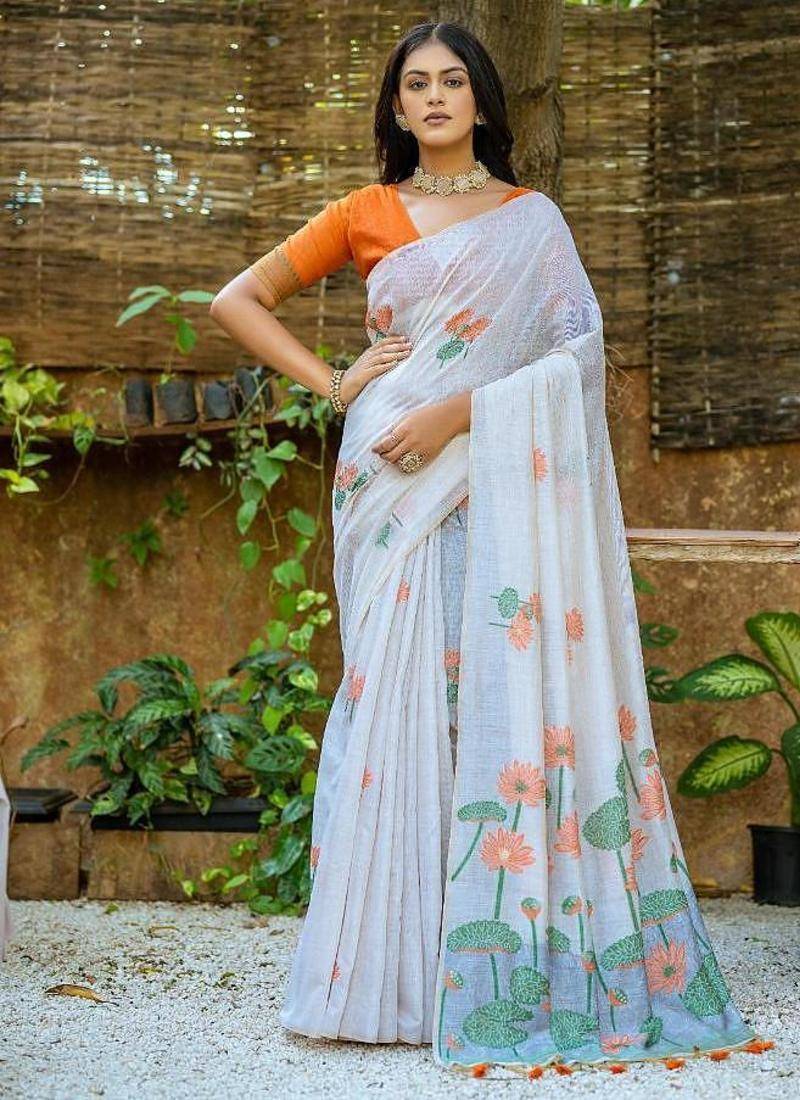 white-orange muga silk blend flower weaving sarees