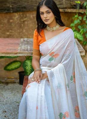 white orange muga silk saree with floral weaving work 3