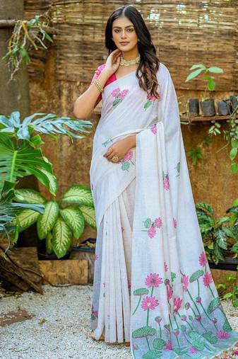 white-pink muga silk blend flower weaving sarees