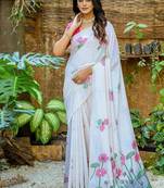 white-pink muga silk blend flower weaving sarees