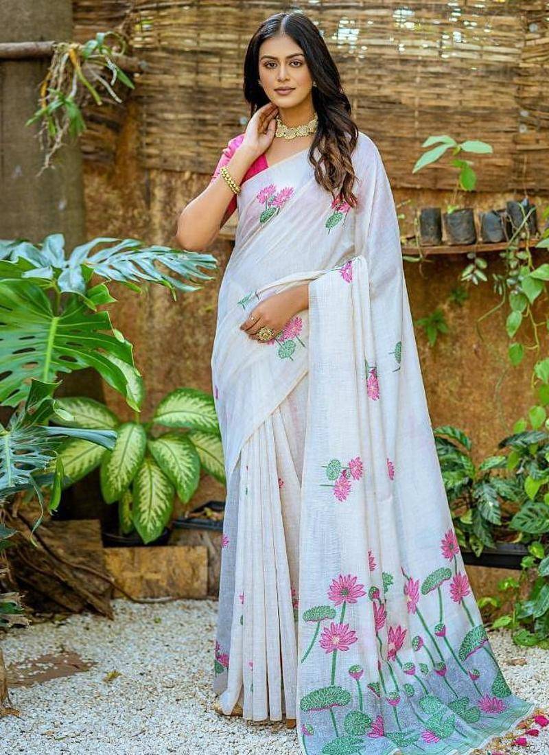 white-pink muga silk blend flower weaving sarees