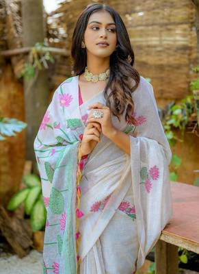pink muga silk saree with floral resham weaving work 3