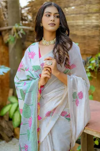 pink muga silk saree with floral resham weaving work