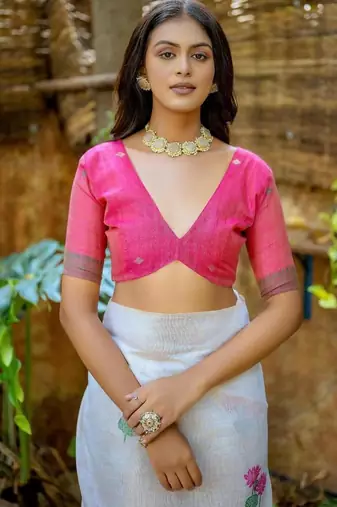 pink muga silk saree with floral resham weaving work