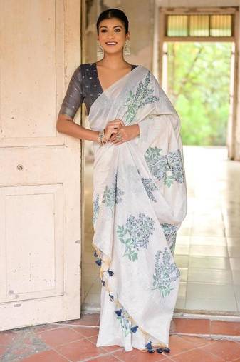 White-blue color muga cotton weaving zari border sarees