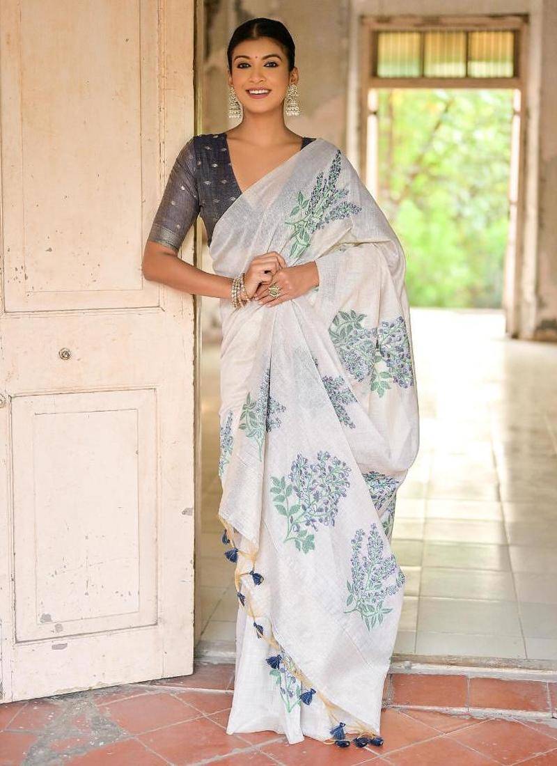 White-blue color muga cotton weaving zari border sarees