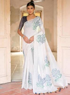 white blue cotton saree with woven floral zari border design 2