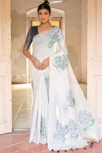 white blue cotton saree with woven floral zari border design