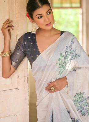 white blue cotton saree with woven floral zari border design 4