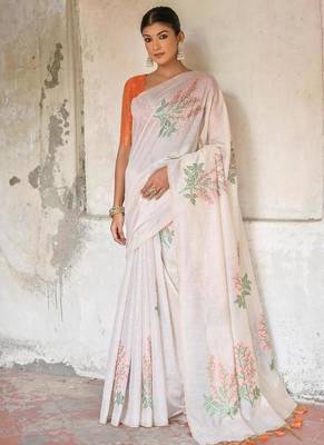 white orange cotton saree with zari patta floral woven pattern 1